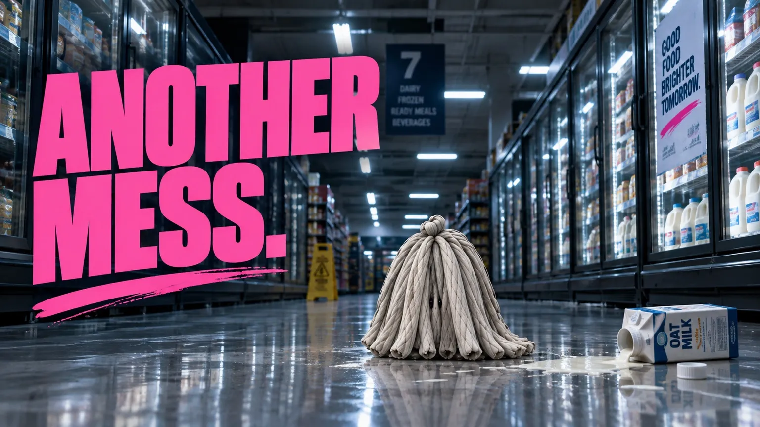 MOP beside a spilled carton in a supermarket, under ANOTHER MESS.