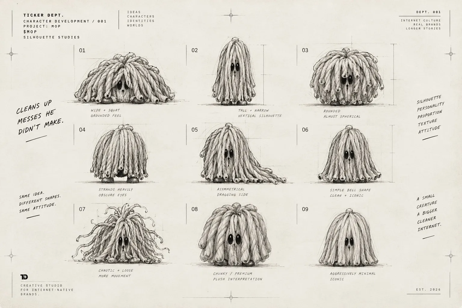 Nine complete silhouette studies exploring MOP proportions and posture.
