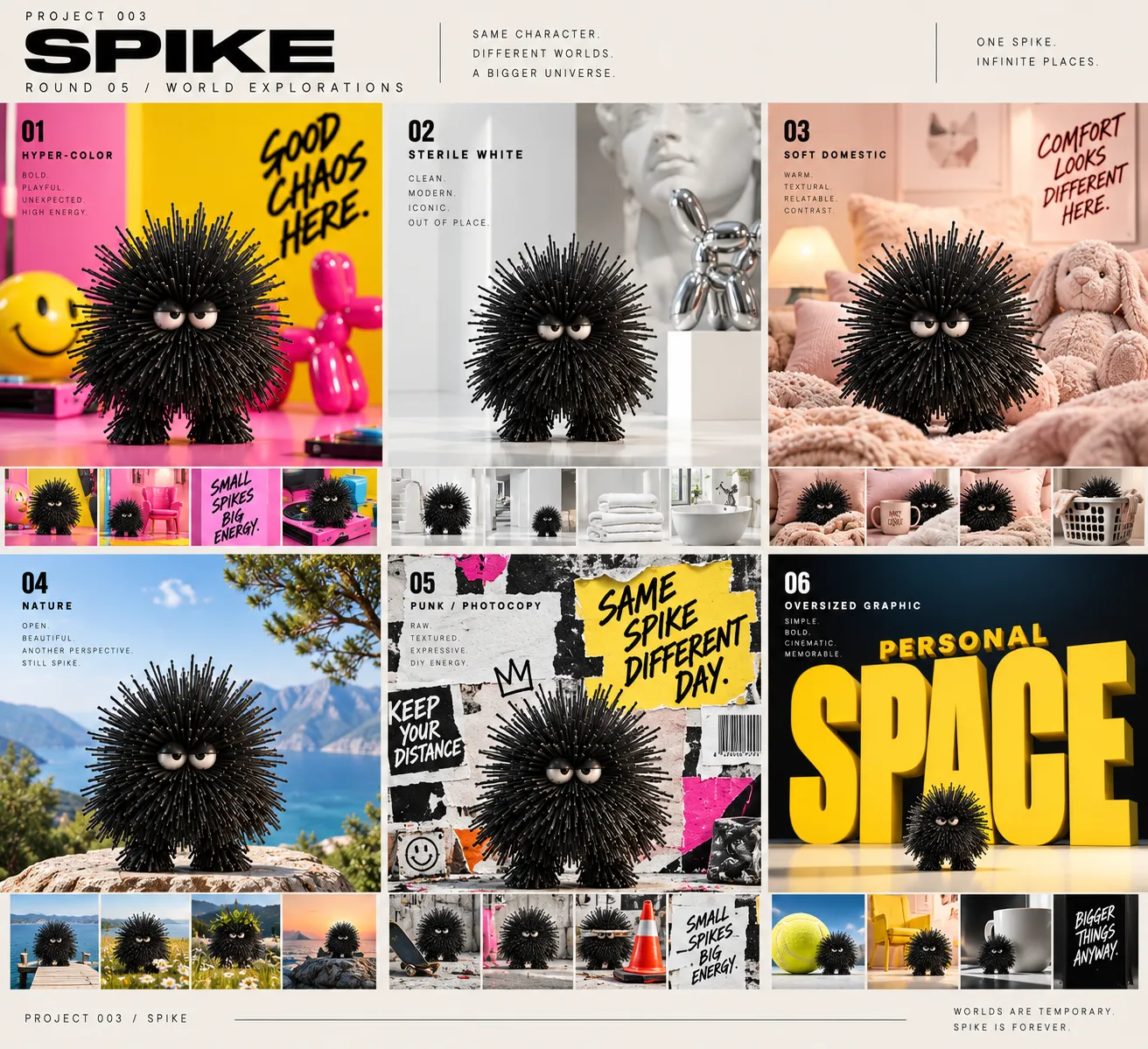 SPIKE world exploration board combining a tactile bristled character with punk posters, photocopy textures and fluorescent graphics.