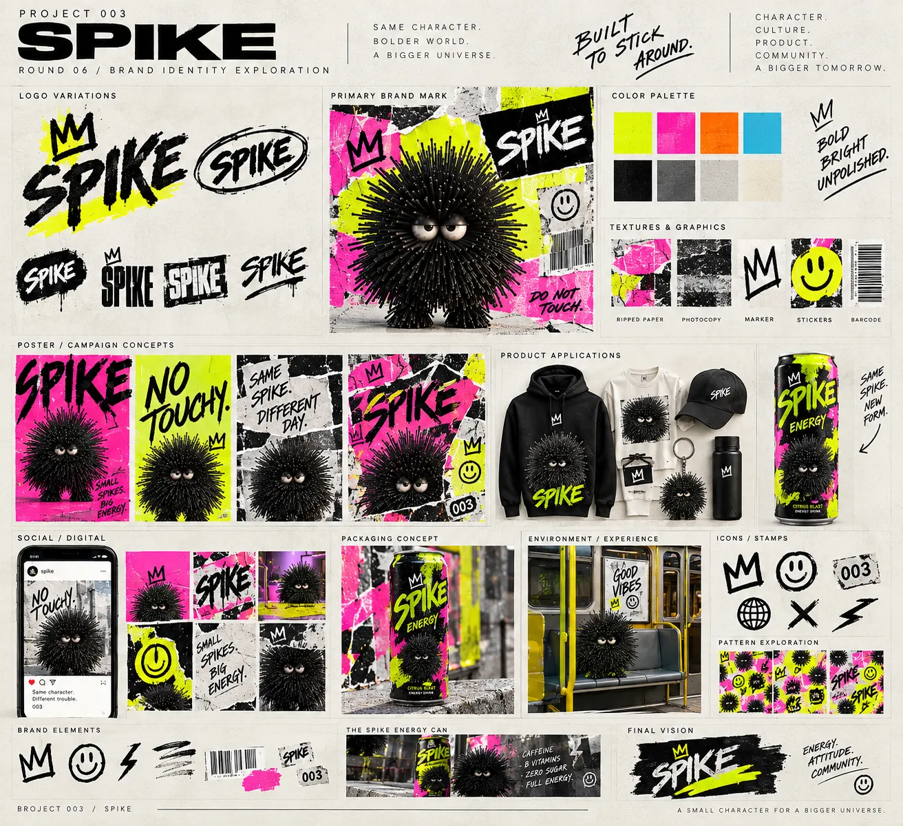 SPIKE brand identity board with wordmark, graphic language, packaging and merchandise concepts.