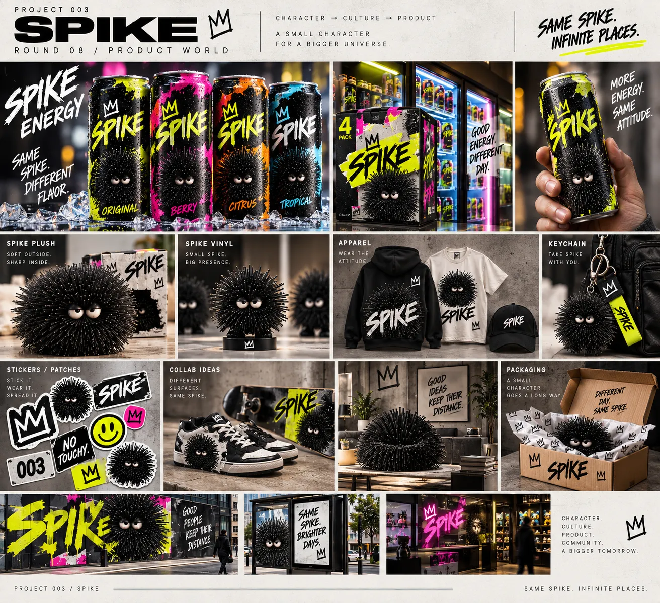 SPIKE product world board showing energy drink, collectible, plush, apparel and accessory concepts.