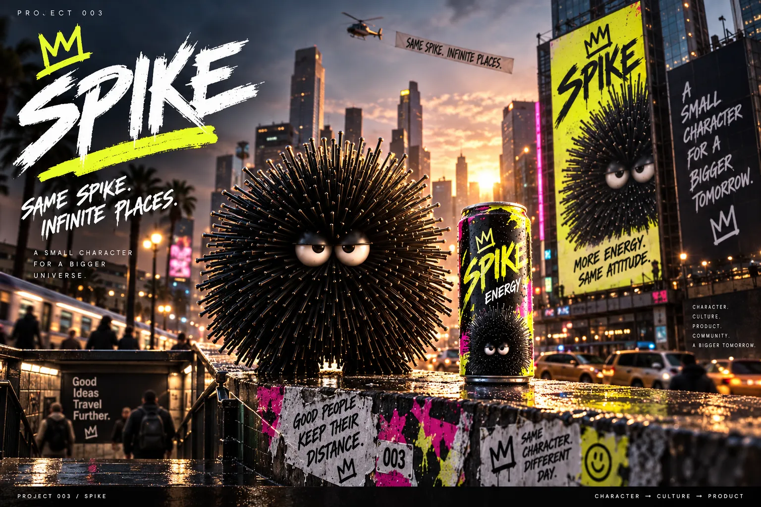 SPIKE beside a branded can on a city rooftop at sunset, surrounded by fluorescent posters and billboards.