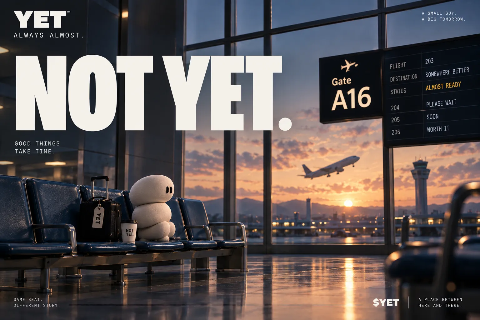 YET sits beside luggage at Gate A16 while a plane takes off at sunset, beneath the words NOT YET.